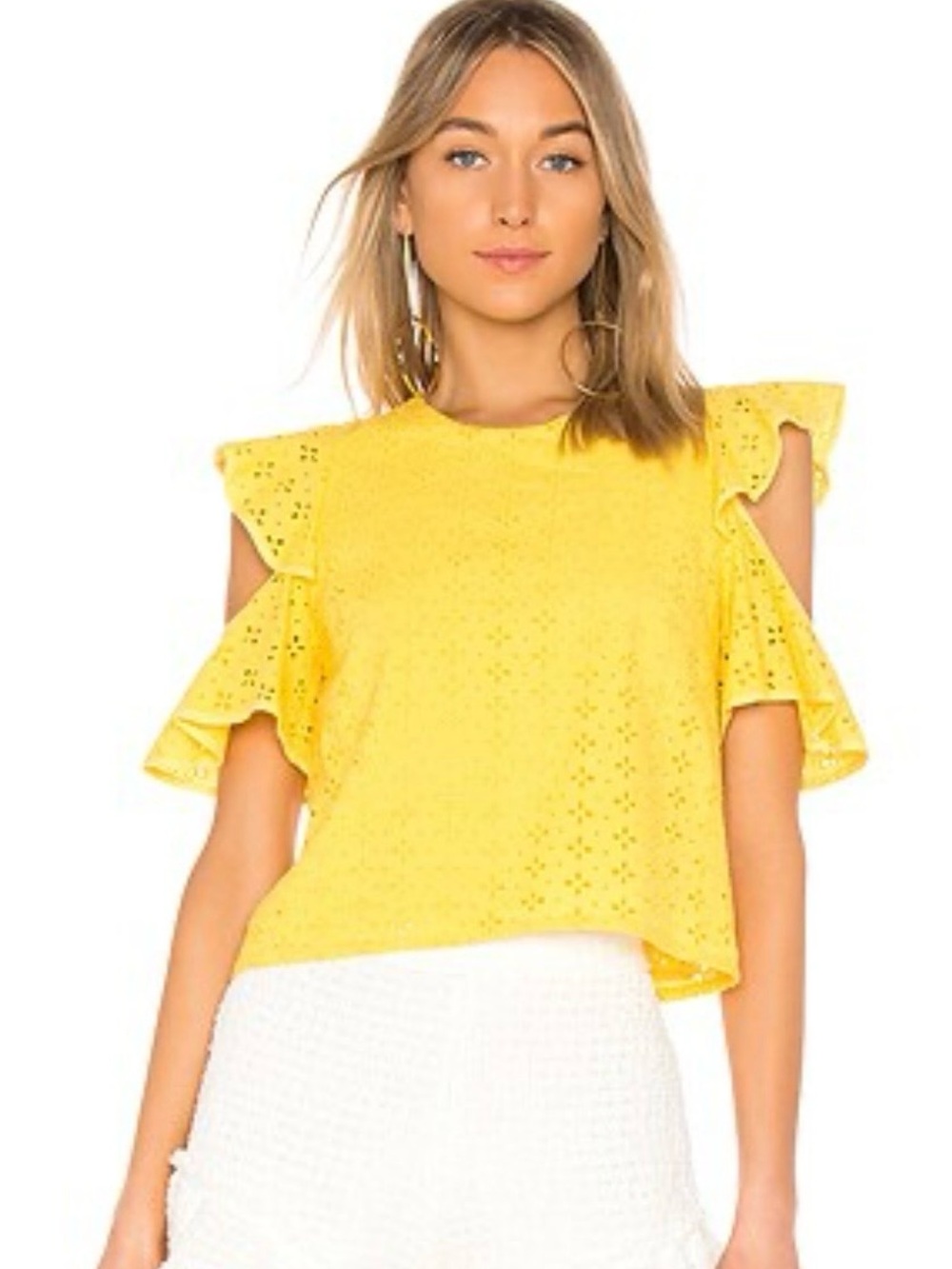 Anthropologie Endless Rose Yellow Eyelet Ruffle Cold Shoulder Top Size M
